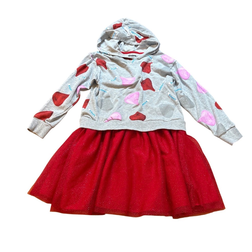 Hershey's Kisses Hooded Dress Kids Grey Red Glitter Tulle SIZE L (10-12)‎